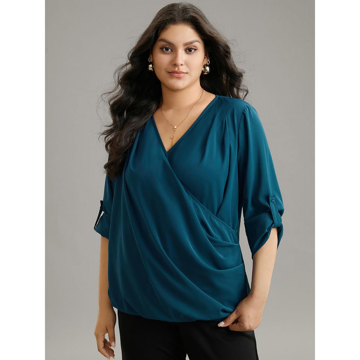 Plus Size Indigo Solid Crossover Roll Tab Sleeve Blouse Women Office Long Sleeve Overlap Collar Work Blouses BloomChic 22-24/3X Product Image