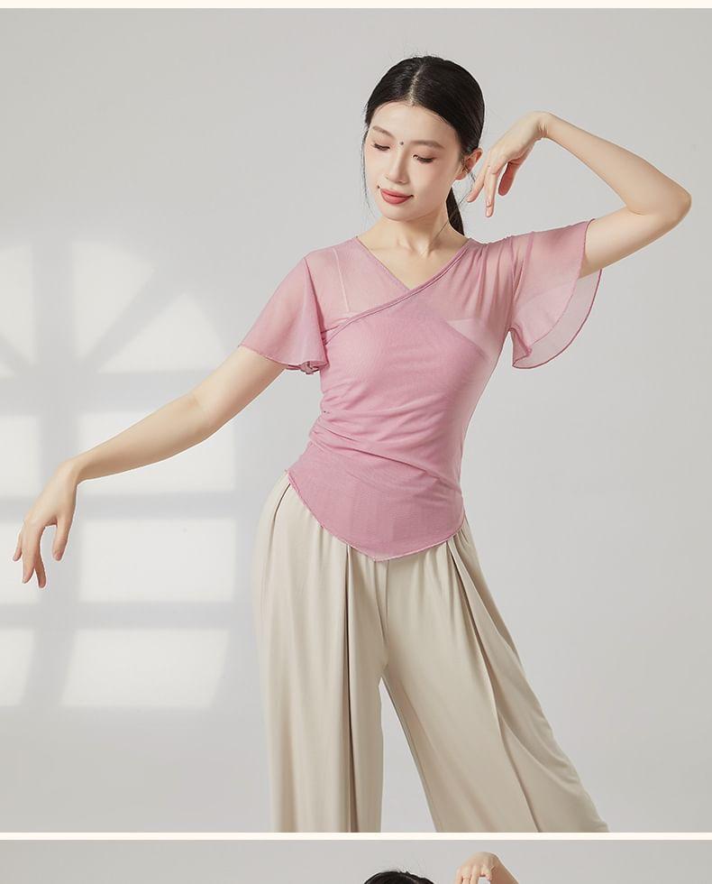 Short-Sleeve V-Neck Plain Asymmetrical Mesh Dance Top Product Image