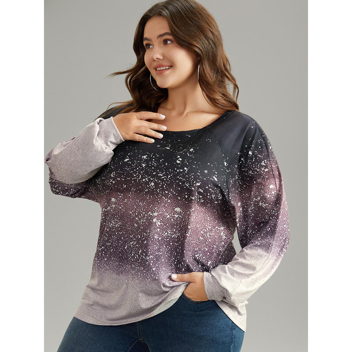Plus Size Ombre Raglan Sleeve Contrast T-shirt Multicolor Women Casual Elastic cuffs Colorblock Round Neck Everyday T-shirts BloomChic 12/L Product Image