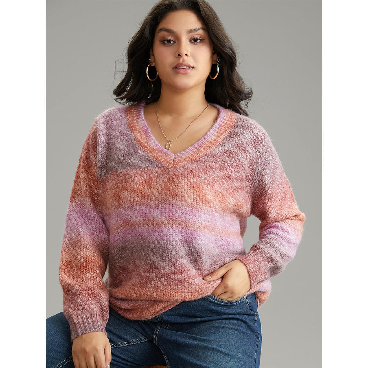Plus Size Ombre Heather V Neck Pullover Multicolor Women Casual Loose Long Sleeve V-neck Dailywear Pullovers BloomChic 14-16/1X Product Image