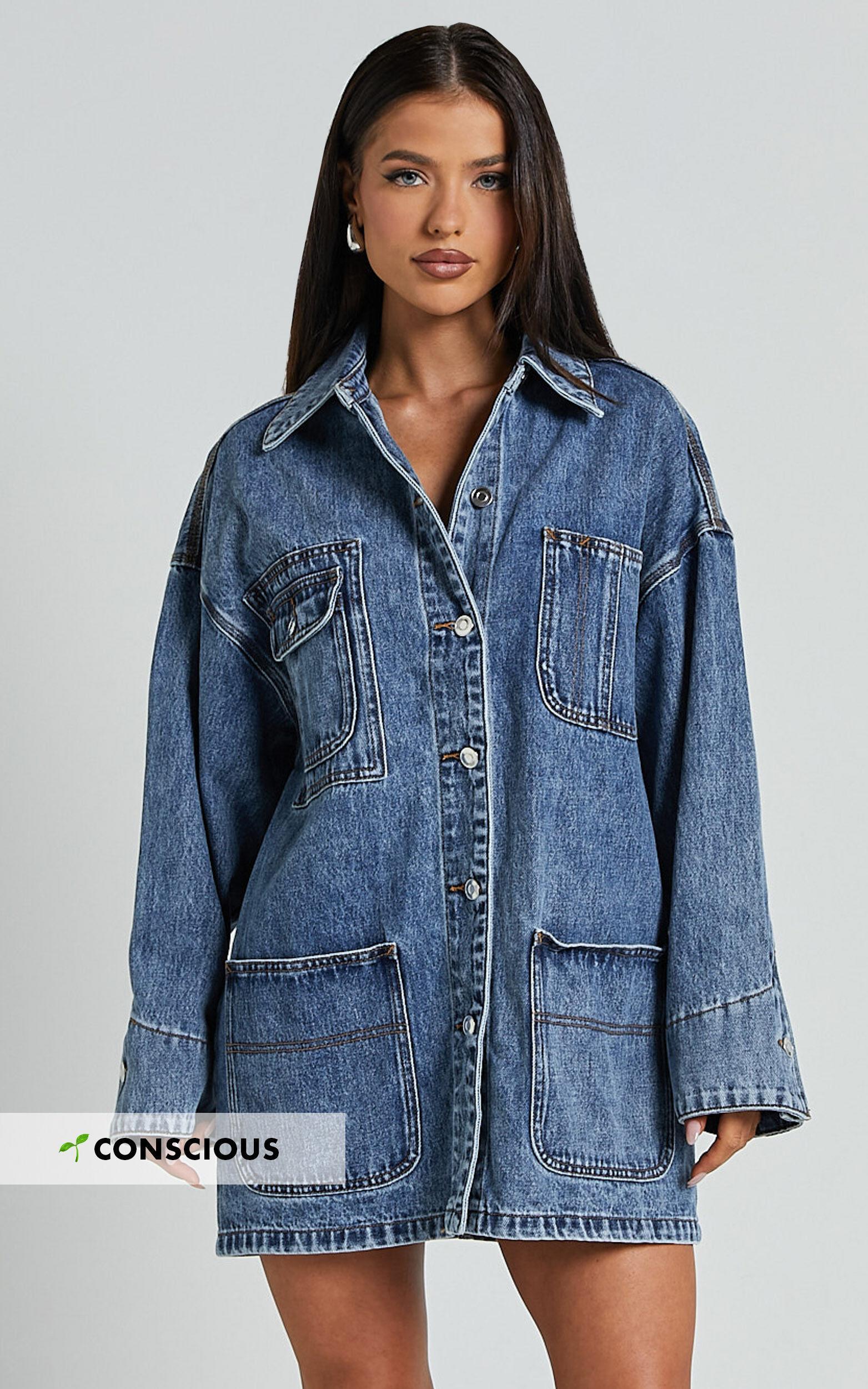 Harlow Jacket - Oversized Long Sleeve Denim Jacket in Mid Blue Wash Product Image