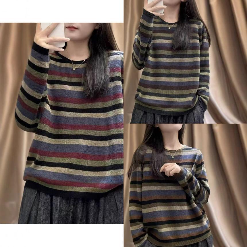 Long-Sleeve Crew Neck Striped Knit Top Product Image