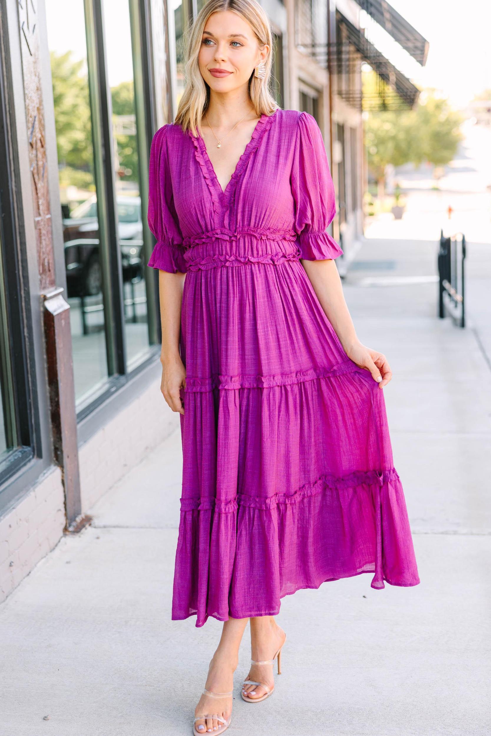 Living In A Dream Magenta Purple Ruffled Midi Dress Female Product Image