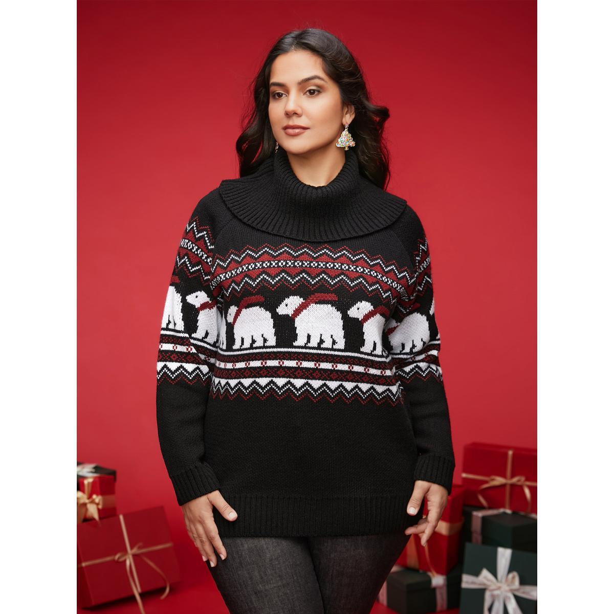 Plus Size Polar Bear Motifs Turtle Neck Pullover Black Women Casual Loose Long Sleeve Turtleneck Everyday Pullovers BloomChic 18-20/2X Product Image