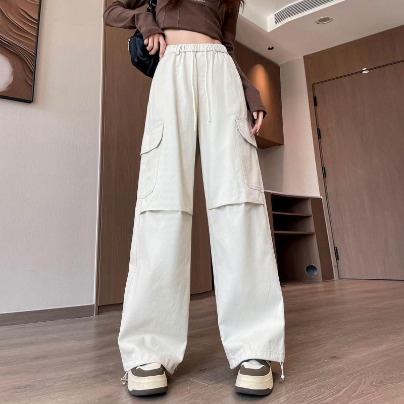 Drawstring Waist Plain Wide Leg Cargo Pants Product Image