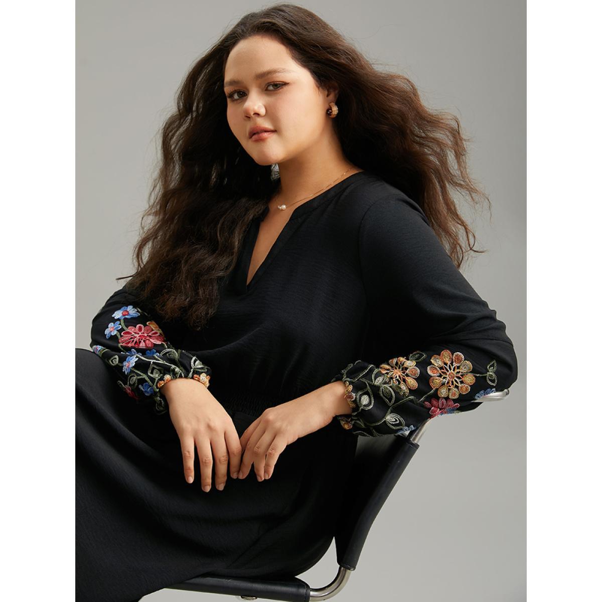 Plus Size Floral Embroidered Notched Midi Dress Black Women Elegant Elastic cuffs Notched collar Long Sleeve Curvy Midi Dress BloomChic 22-24/3X Product Image