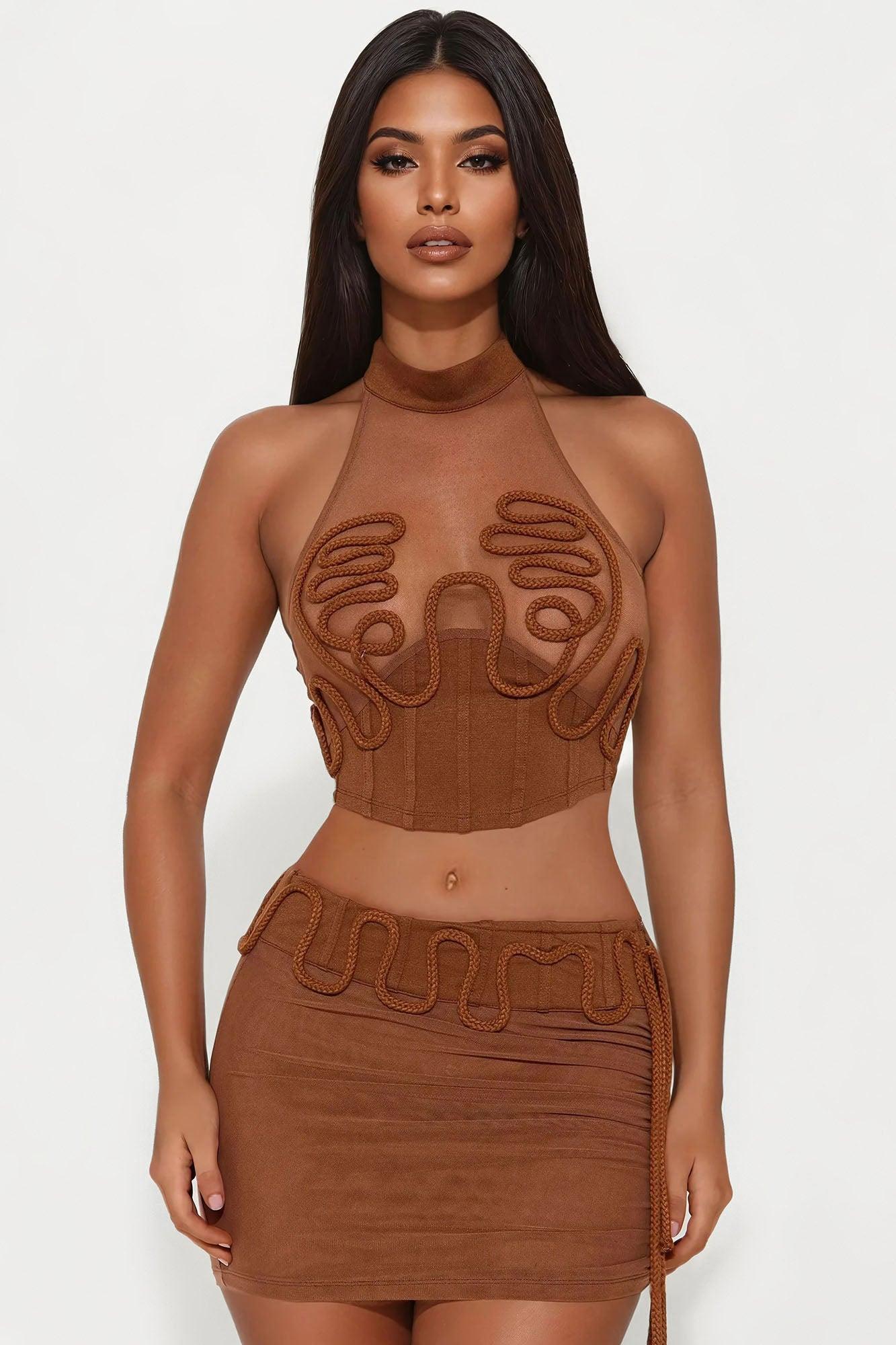 No Hard Feelings Mesh Mini Skirt Set - Brown Product Image