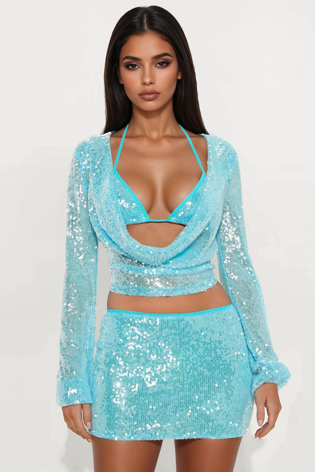 Glistening Goddess Sequin 3 Piece Skirt Set - Blue Product Image