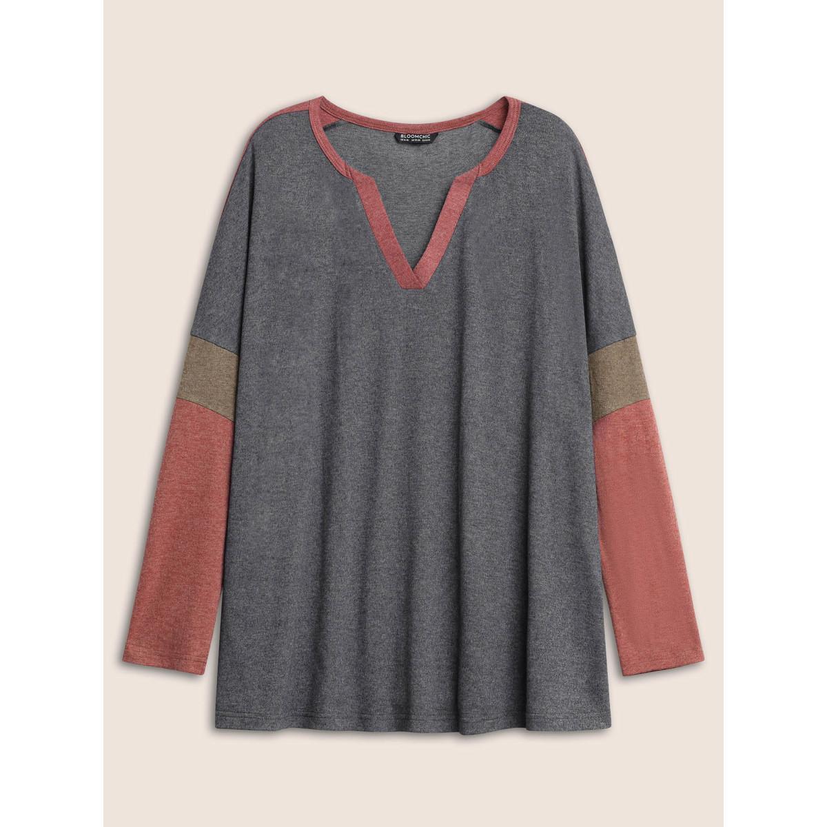 Plus Size Colorblock Patchwork Batwing Sleeve Notched T-shirt Gray Women Casual Contrast Plain Notched collar Everyday T-shirts BloomChic 12/L Product Image