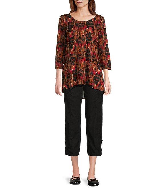 Intro Knit Jersey Abstract Geo Print 3/4 Sleeve Pleated Neck Tee Product Image