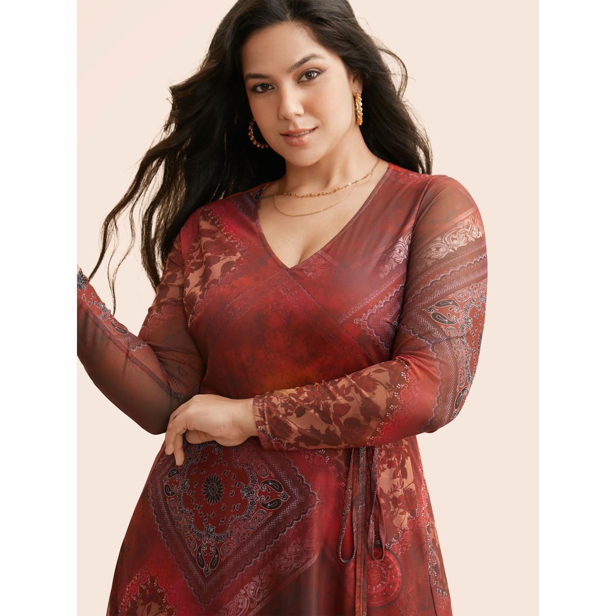 Plus Size Boho Print Belted Mesh Midi Dress Russet Women Elegant See through V-neck Long Sleeve Curvy BloomChic 12/L Product Image