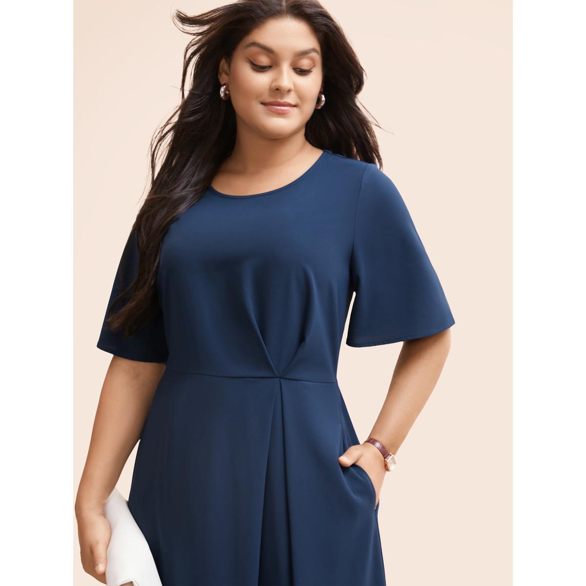 Plus Size Plain Round Neck Plicated Detail Dress Indigo Women Workwear Essentials Pleated Round Neck Half Sleeve Curvy BloomChic 22-24/3X Product Image