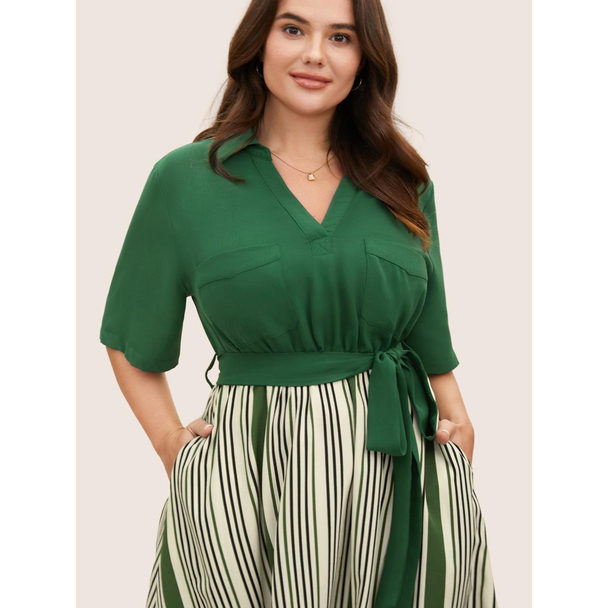 Plus Size Striped Patchwork Belted Patched Pocket Dress Truegreen Women At the Office Belted Shirt collar Half Sleeve Curvy BloomChic 30/6X Product Image