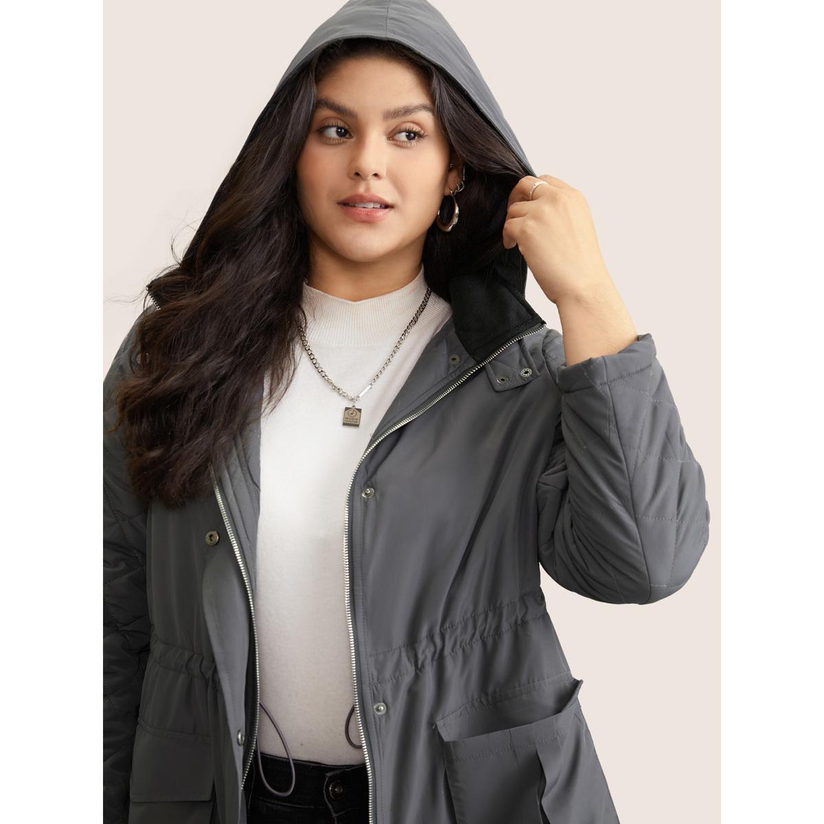 Plus Size Solid Flap Detail Elastic Waist Quilted Coat Women DimGray Casual Lined Ladies Dailywear Winter Coats BloomChic 22-24/3X Product Image