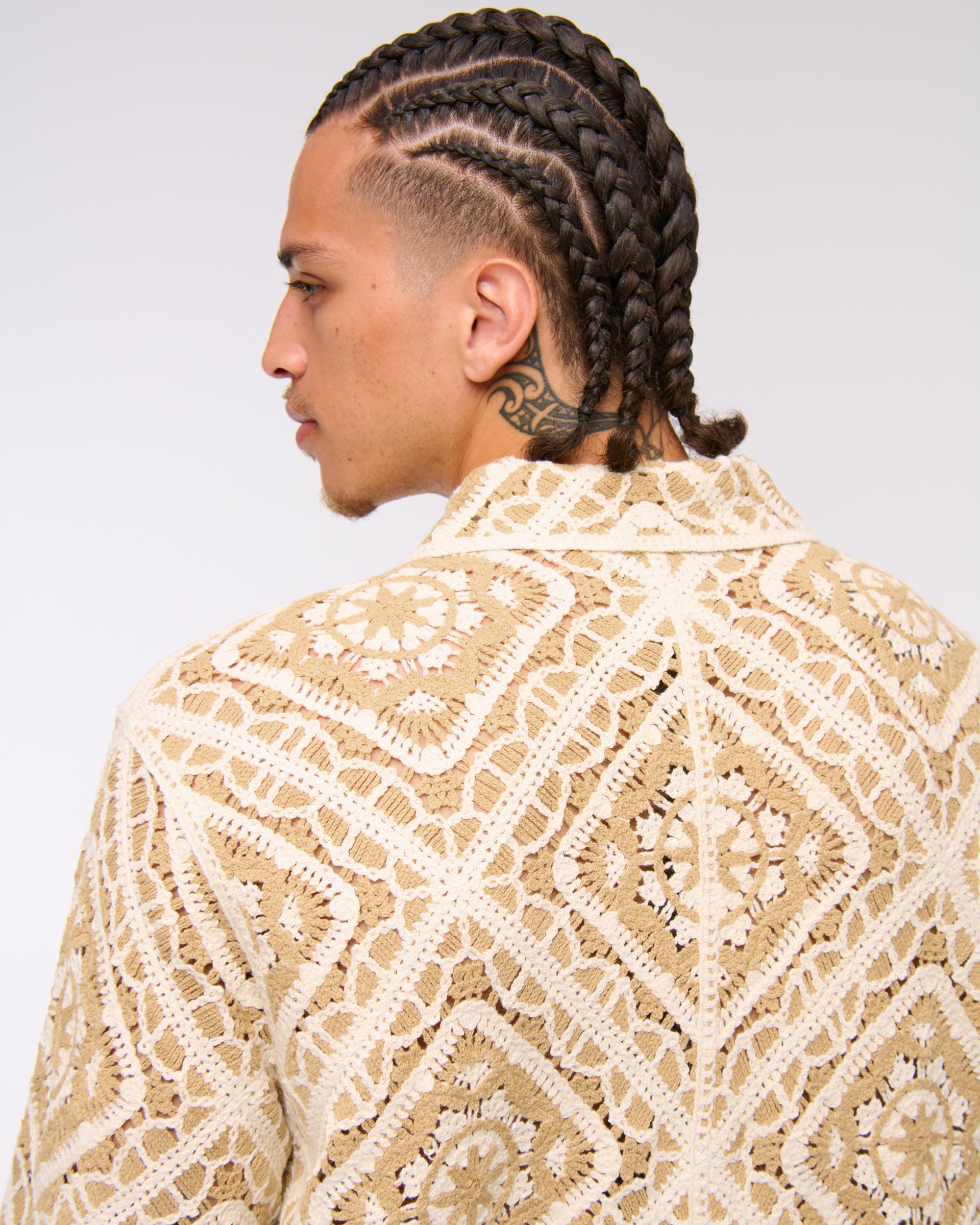Crochet-Style Border Stripe Button-Through Sweater Polo Product Image