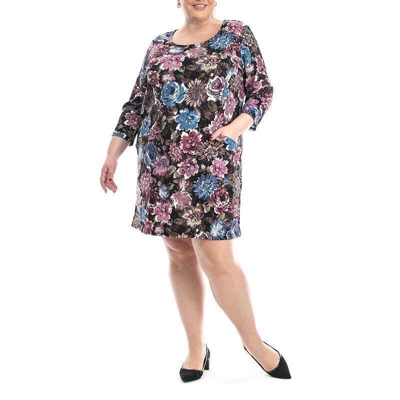 Plus Size Nina Leonard Printed Shift Dress, Women's, Size: 1XL, Pink Team Product Image