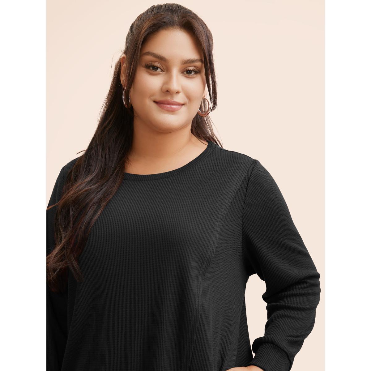 Plus Size Solid Waffle Knit Overlap Hem T-shirt Black Women Casual Overlapping Round Neck Everyday T-shirts BloomChic 12/L Product Image