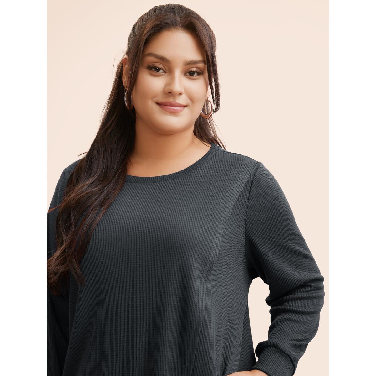Plus Size Solid Waffle Knit Overlap Hem T-shirt DimGray Women Casual Overlapping Round Neck Everyday T-shirts BloomChic 30/6X Product Image
