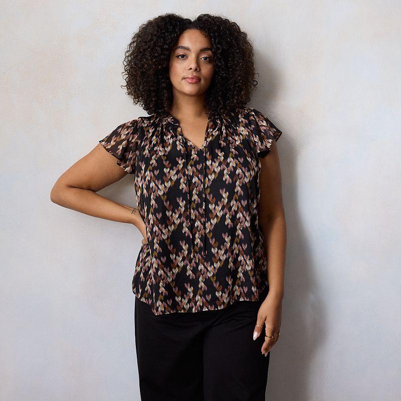 Plus Size LC Lauren Conrad Tie Front Ruffled V-Neck Shell, Womens Product Image