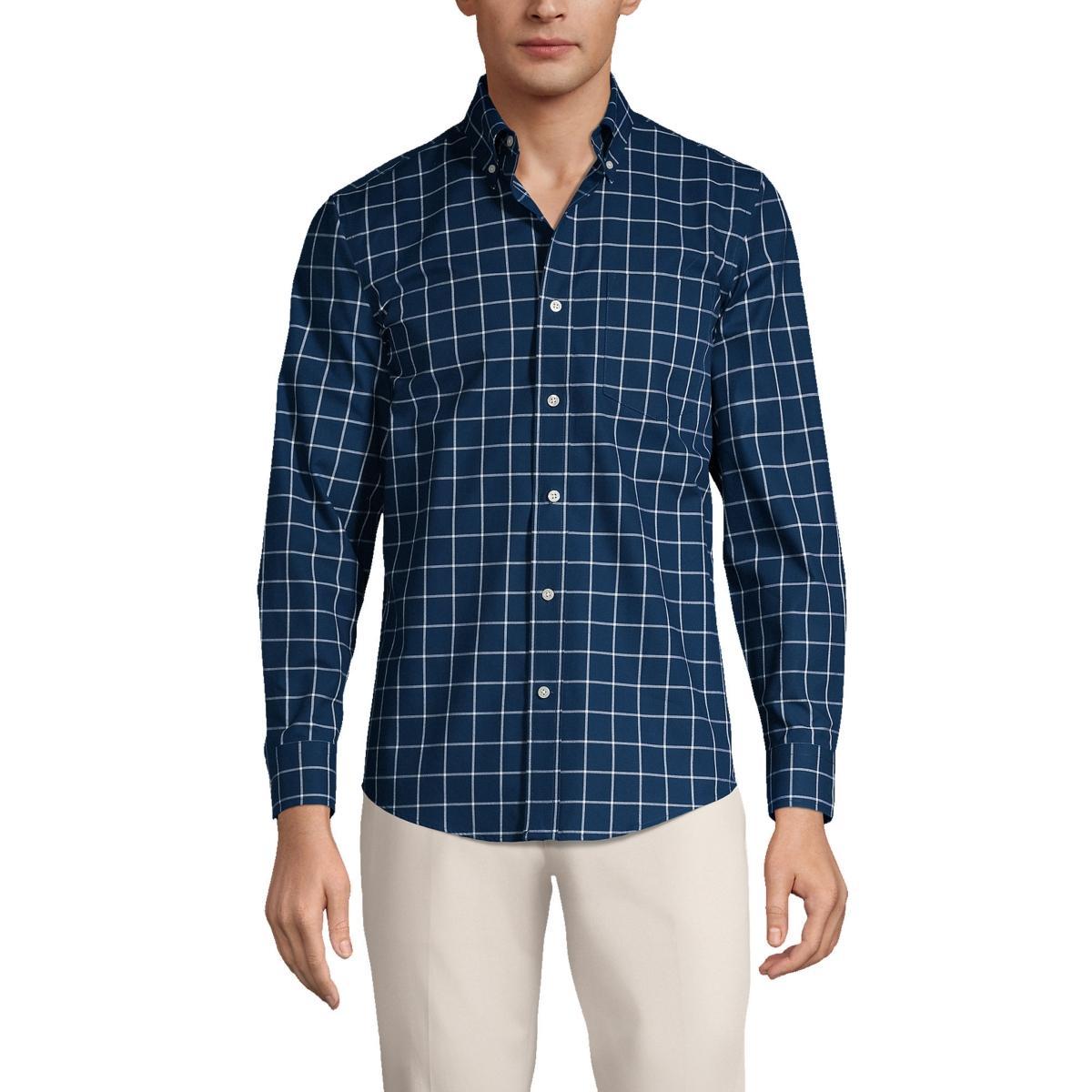 Big & Tall Lands' End Traditional-Fit No-Iron Twill Button-Down Shirt, Men's, Size: Large Tall, White Blue Plaid Product Image