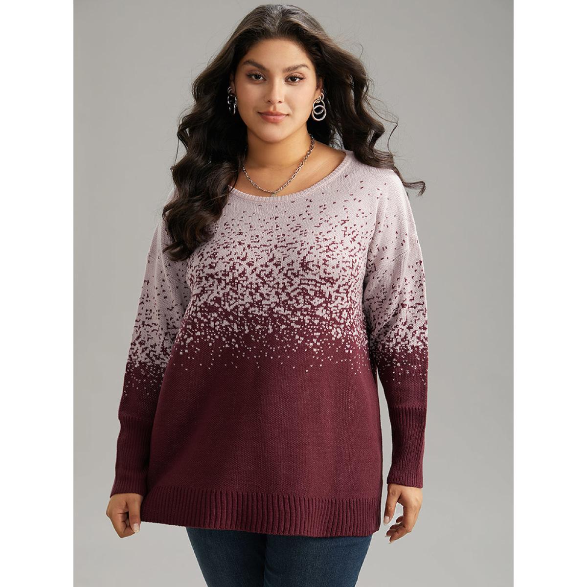 Plus Size Ombre Contrast Heather Round Neck Pullover Burgundy Women Casual Loose Long Sleeve Round Neck Dailywear Pullovers BloomChic 30/6X Product Image