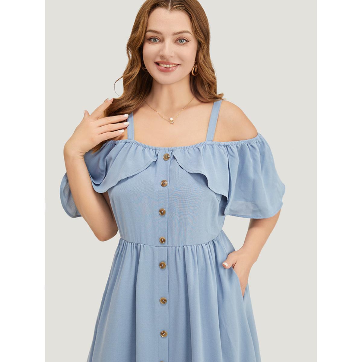 Plus Size Plain Ruffle Trim Pocket Cold Shoulder Button Detail Dress Stone Women Vacation Adjustable Straps One-shoulder neck Short sleeve Curvy Midi Dress BloomChic 10/M Product Image
