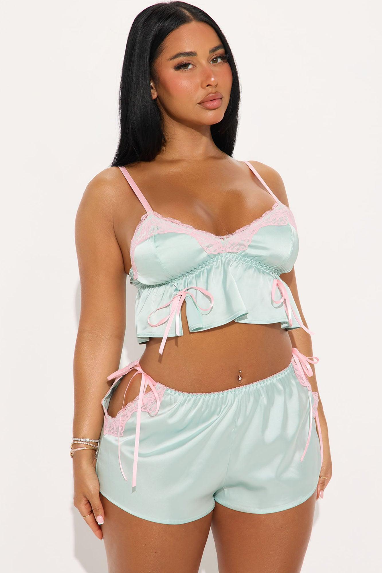 Meg Satin Lace Trim Short and Cami 2 Piece Set - Mint/combo Product Image