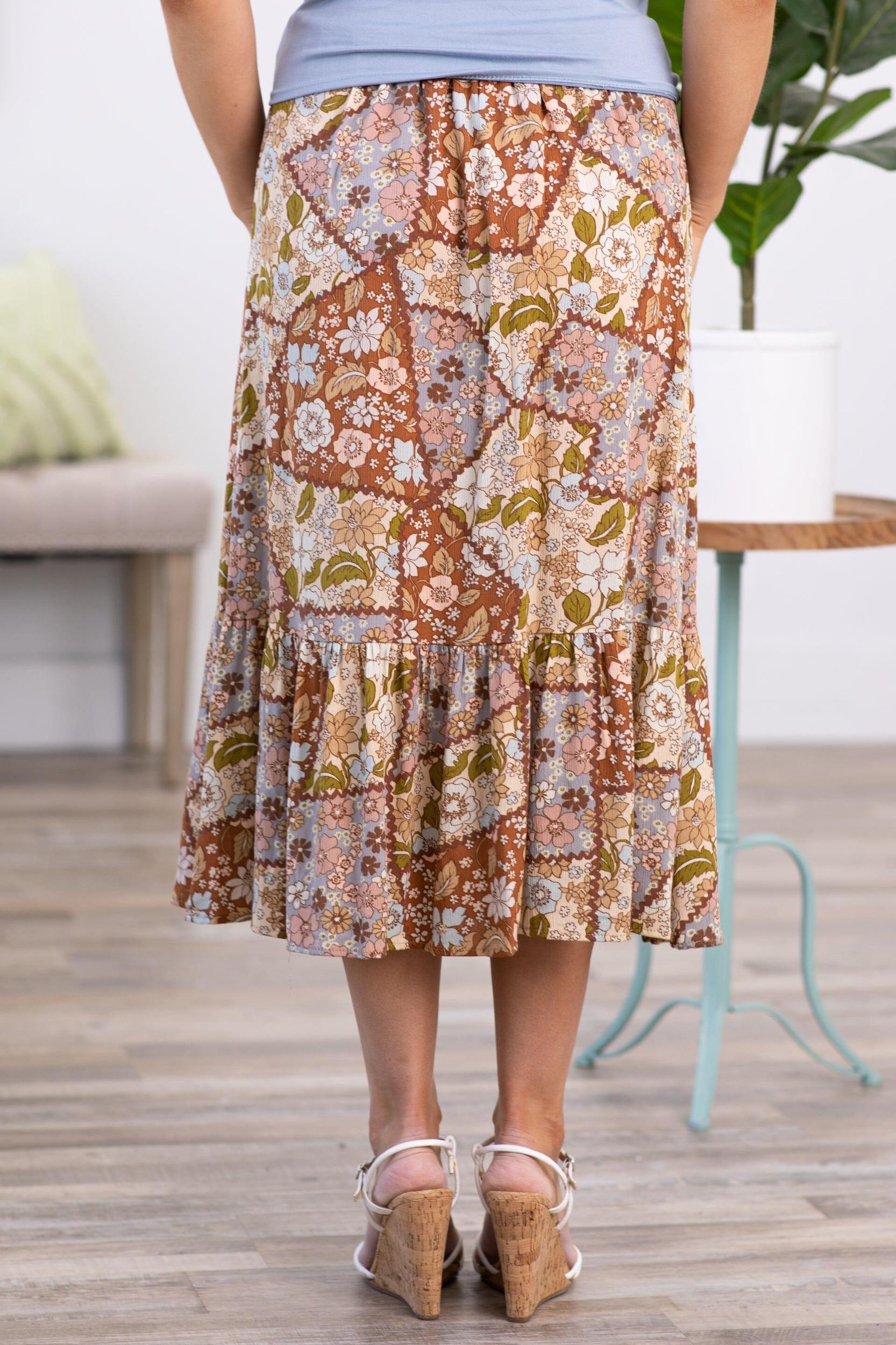 Chestnut and Grey Patchwork Floral Maxi Skirt Product Image