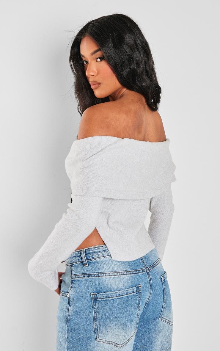  Grey Brushed Rib Fold Over Detail Long Sleeve Top Product Image