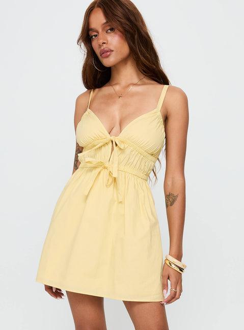 Viviette Ruched Mini Dress Lemon Product Image