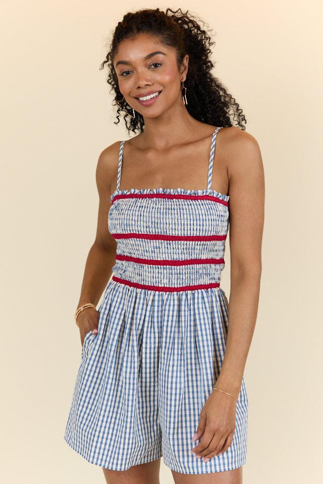 Simple Joy Smocked Seersucker Blue Plaid Romper FINAL SALE Product Image