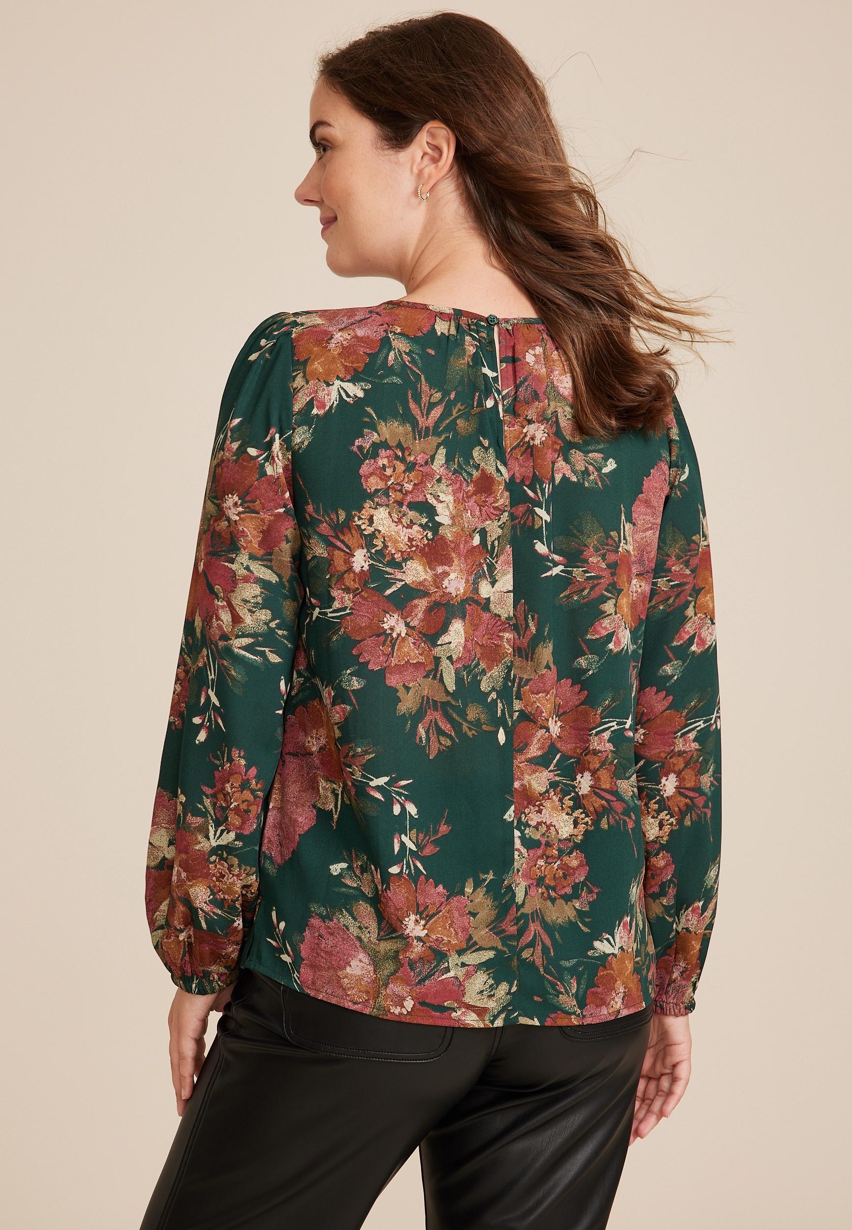 Maurices Womens X Large Size Leighton Floral Long Sleeve Blouse Green Product Image