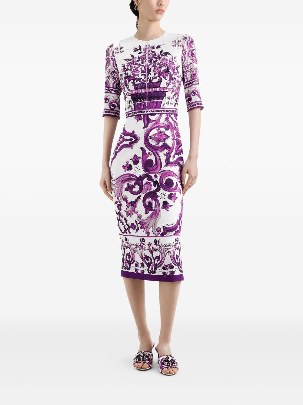 DOLCE & GABBANA Violet Crewneck Dress With Rear Zip Closure And All-over Floral Print In Silk Stretch Woman In Purple Product Image