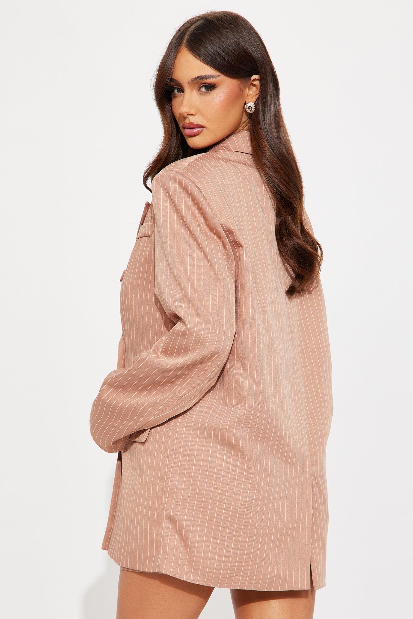 In Session Pinstripe Blazer Skort Set - Brown Product Image