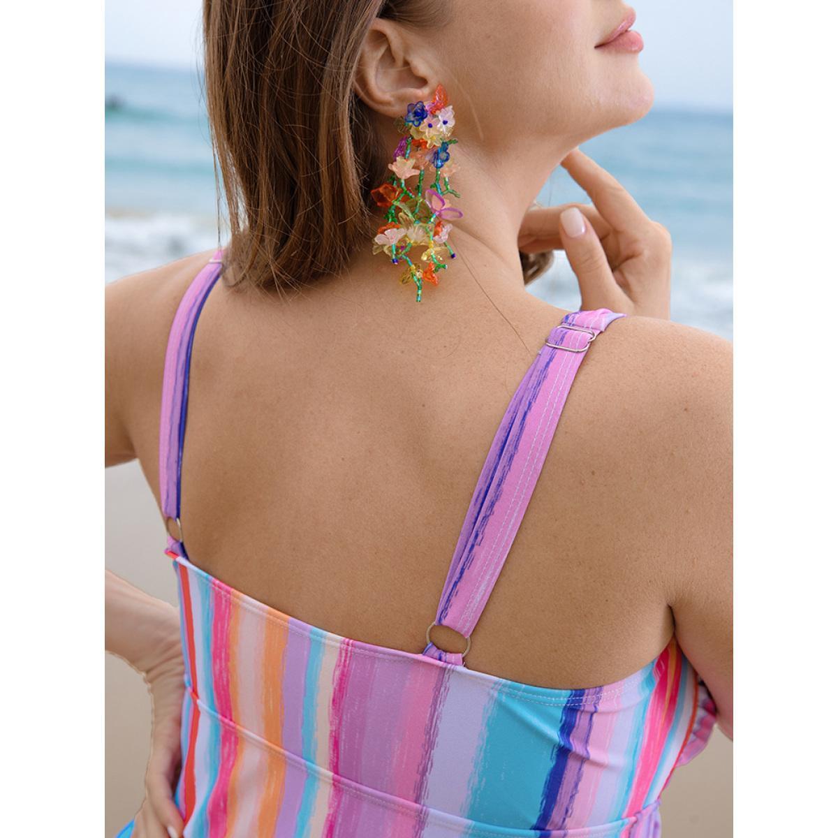 Plus Size Striped Contrast Crossover Empire Waist Swim Dress Women's Swimwear Multicolor Vacation Bodycon Spaghetti Strap High stretch Curve Swim Dresses BloomChic 10/M Product Image