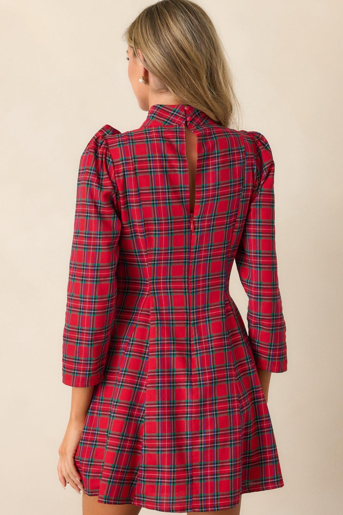 A Perfect Balance Cotton Red Plaid Bow Mini Dress Product Image