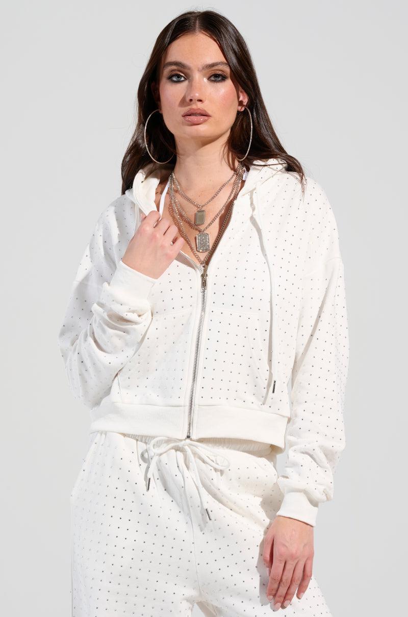 BUBBLES RHINESTONE EMBELLISHED ZIP UP SWEATSHIRT IN WHITE Product Image