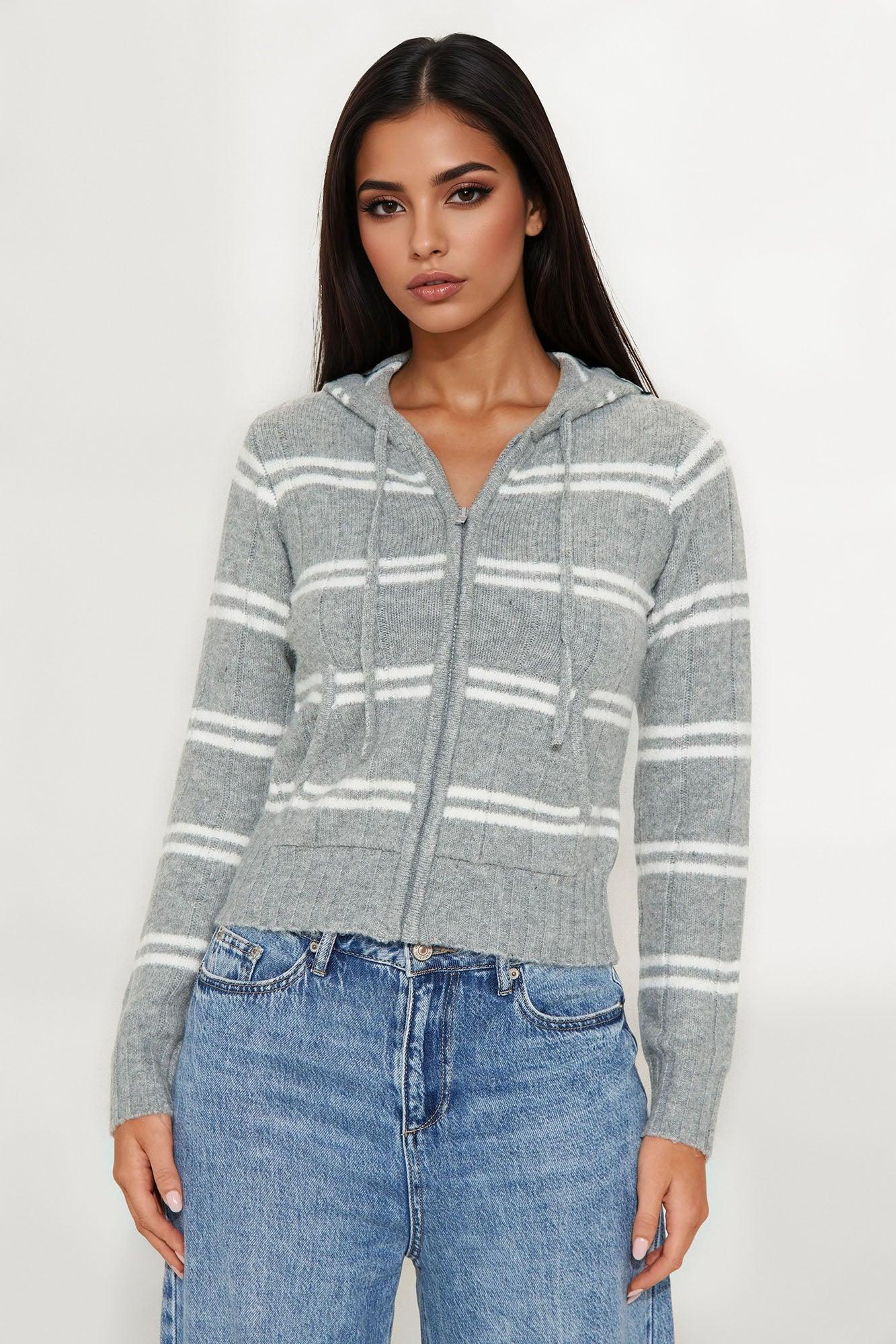 Striped Life Zip Front Hoodie - Heather Grey Product Image