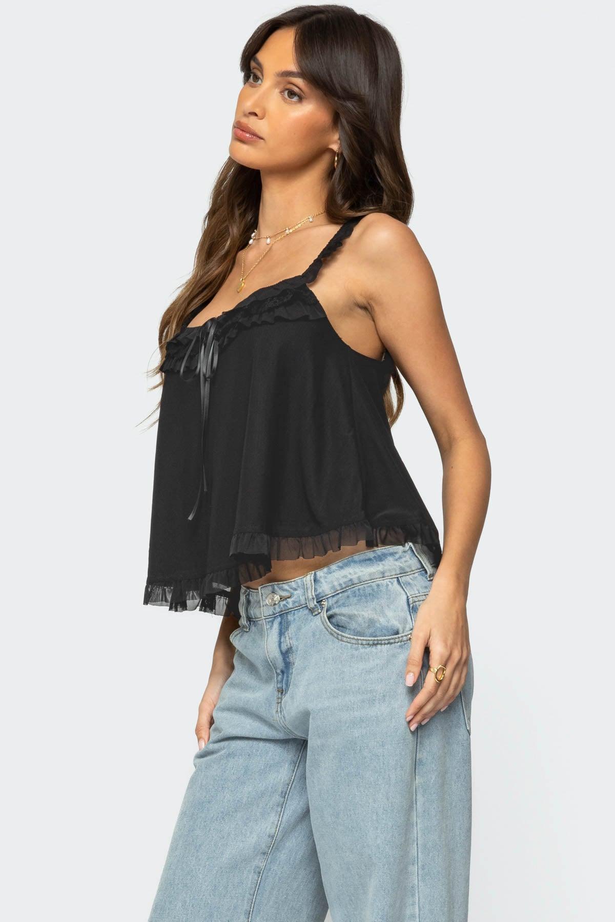 Ruffle Mesh Babydoll Tank Top Product Image