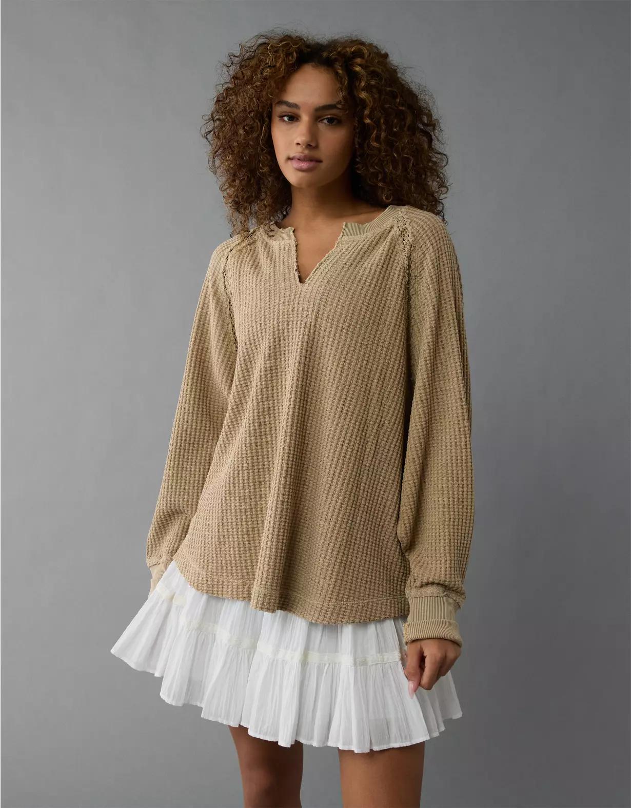 AE Big Hug Notch Neck Waffle Sweatshirt Product Image