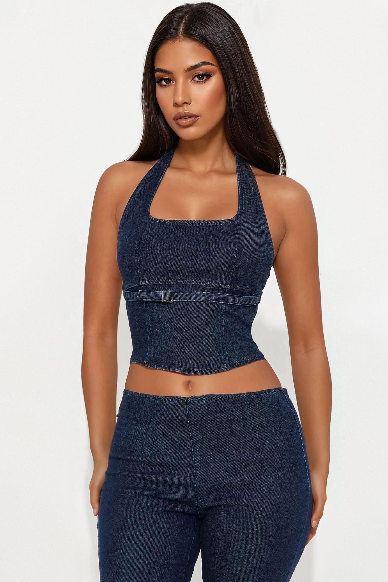 Andrea Halter And Flare Leg Pant Set - Dark Wash Product Image