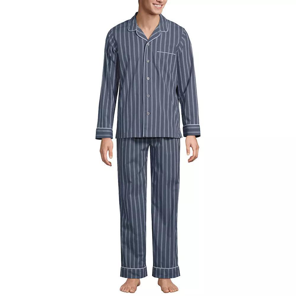 Men's Lands' End Essential Long Sleeve Top & Pants Pajama Set, Size: XXL, Grey Blue Stripe Product Image
