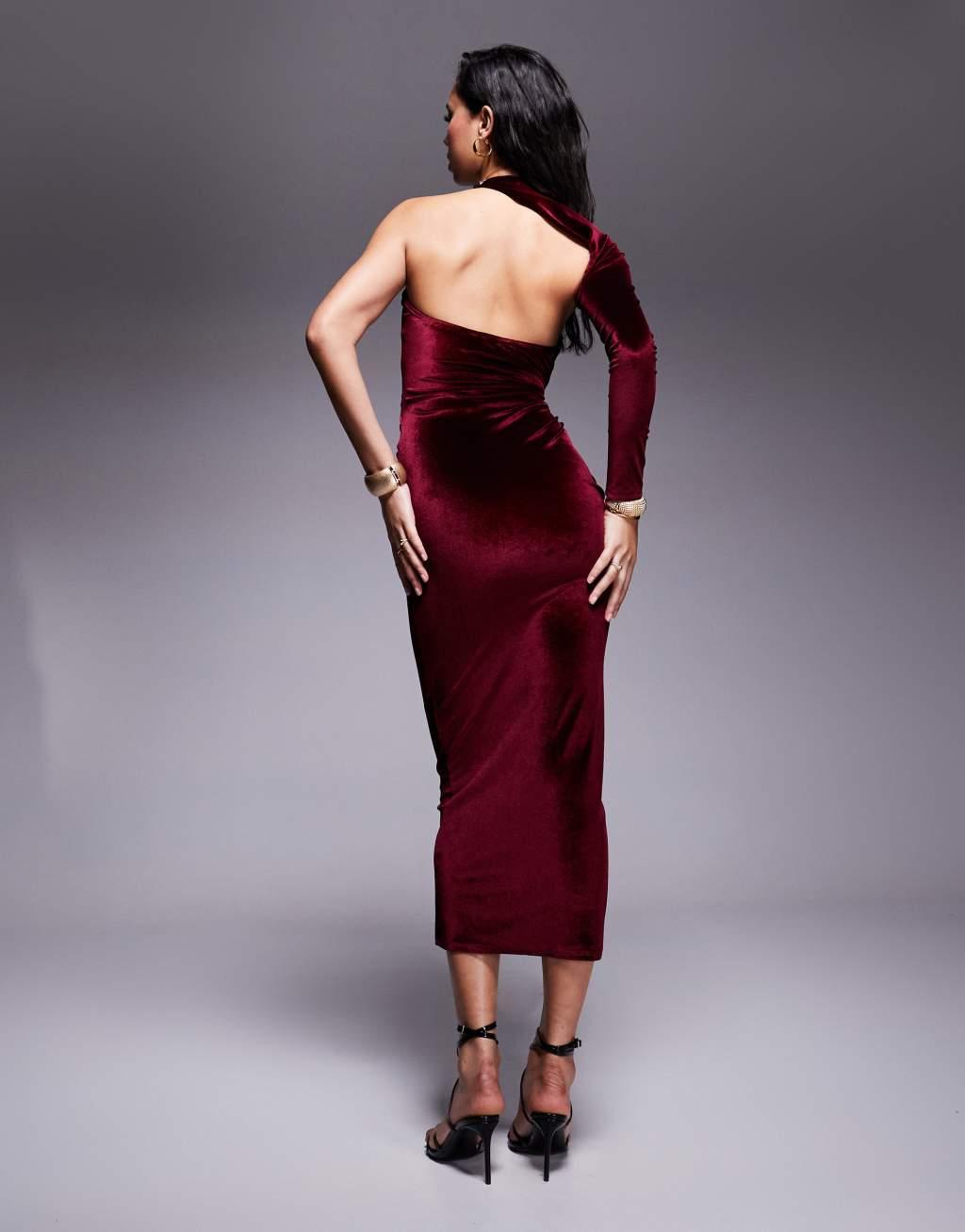 ASOS DESIGN velvet wrap around neckline midi dress in burgundy Product Image