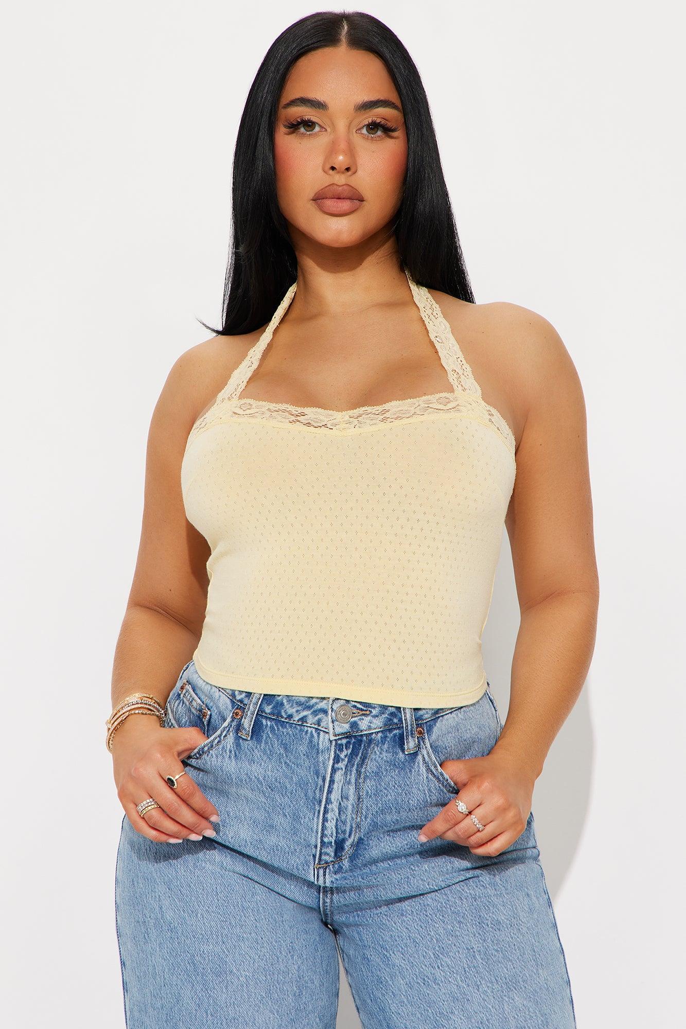 Easy Going Lace Trim Halter Top - Yellow Product Image