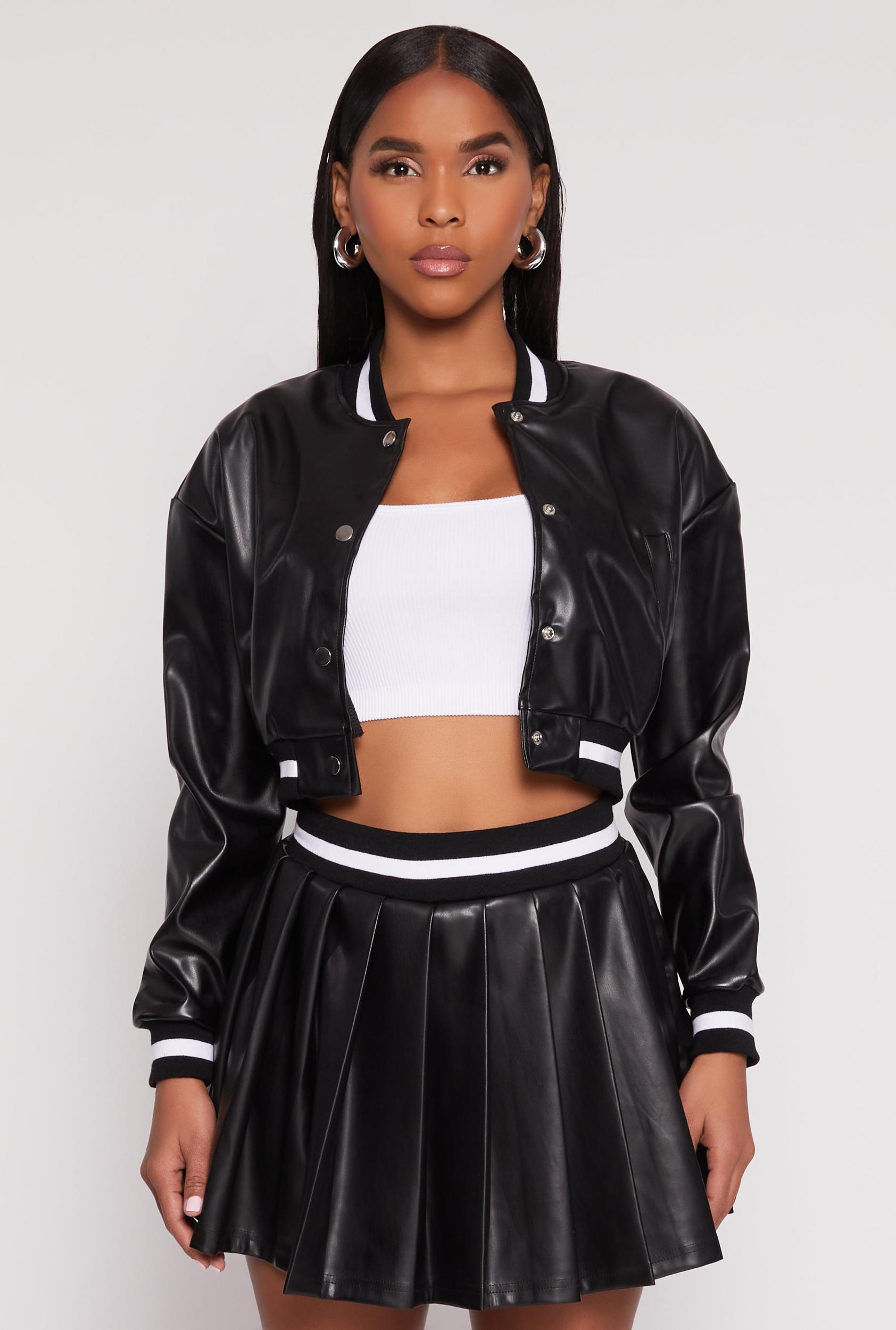 Womens Faux Leather Cropped Bomber Jacket Product Image
