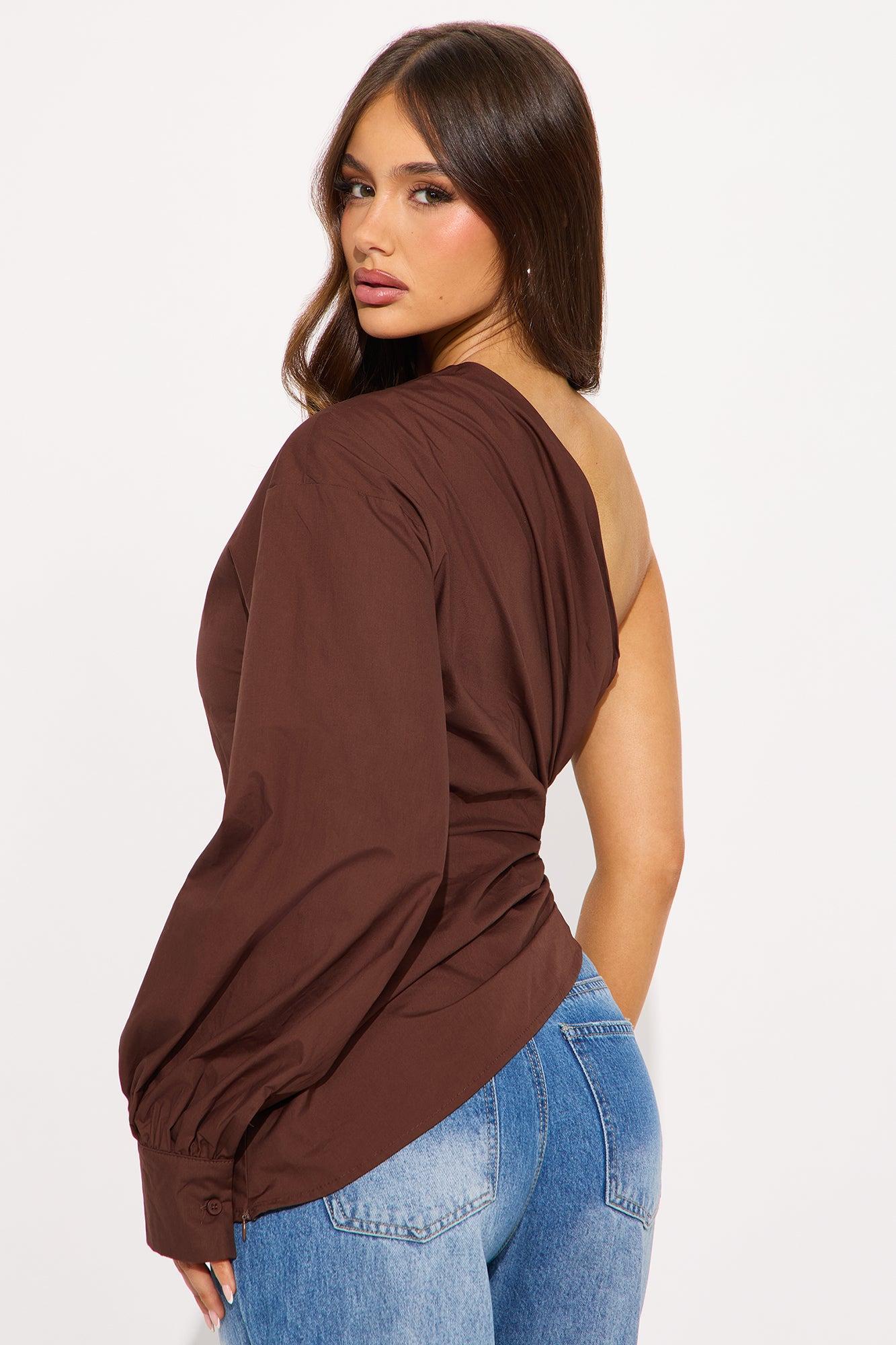 Dahlia One Shoulder Poplin Top - Chocolate Product Image