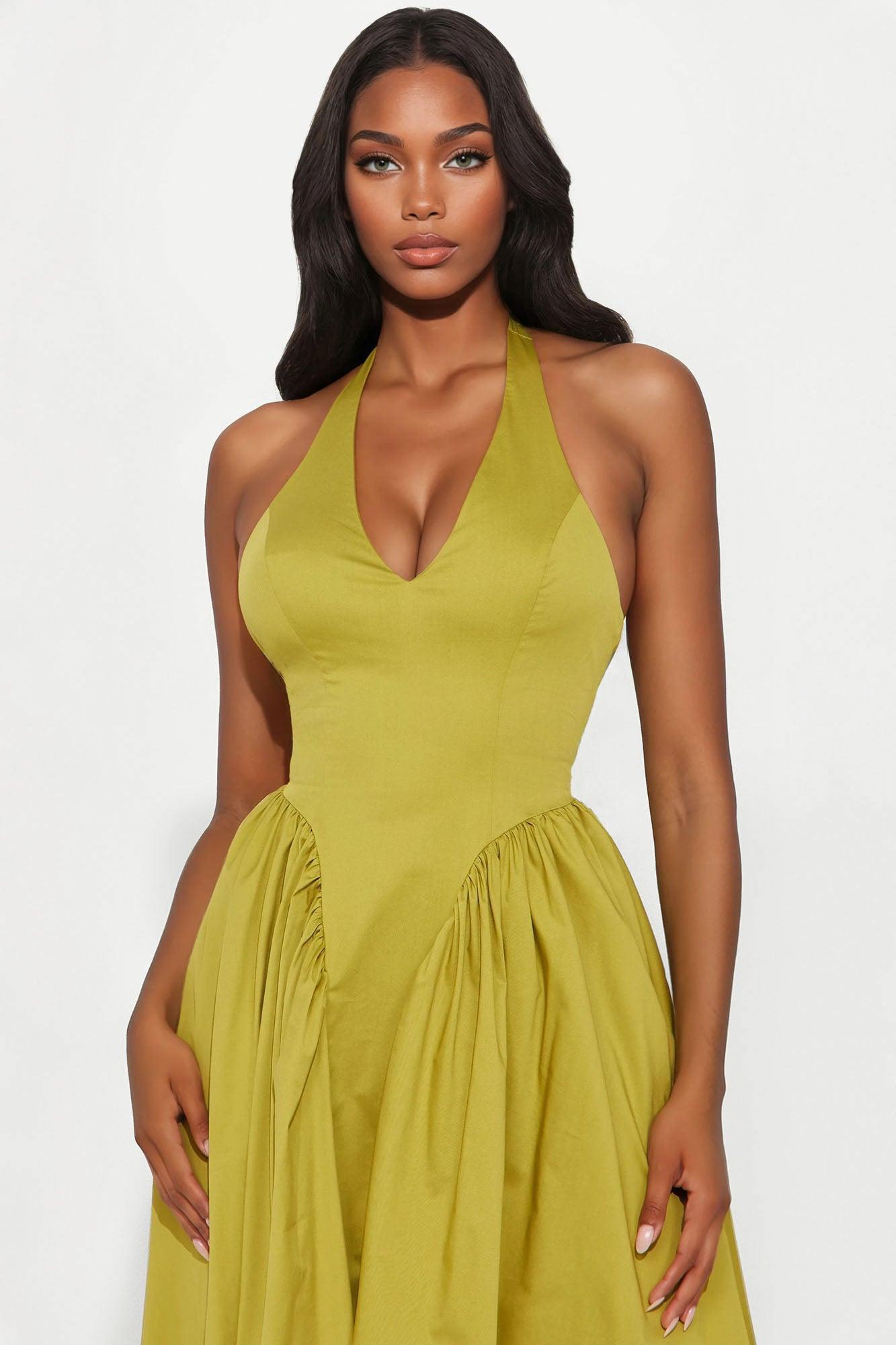 Mara Corset Halter Midi Dress - Chartreuse Product Image