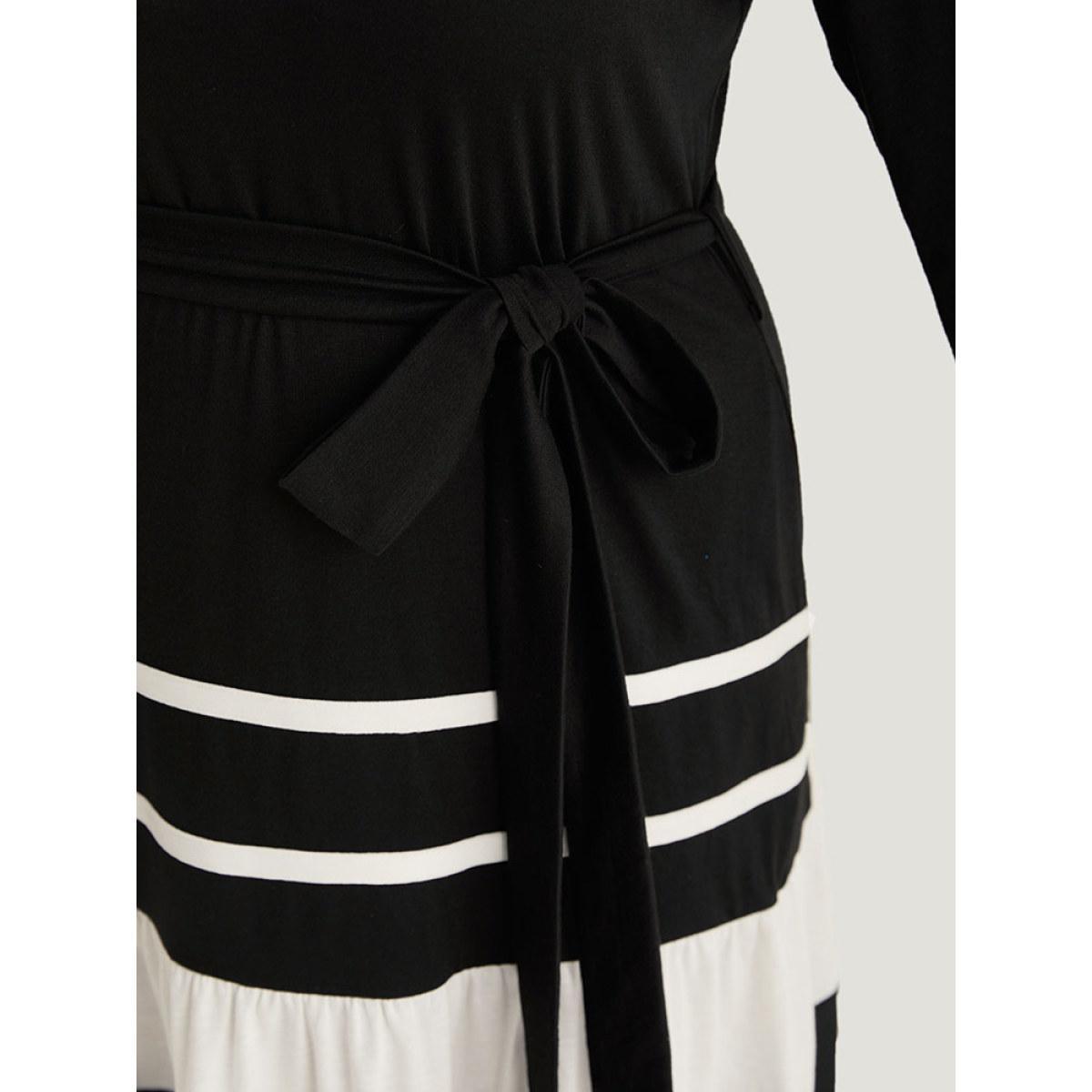 Plus Size Colorblock Contrast Belted Ruffle Layered Hem Dress Black Women Casual See through Round Neck Elbow-length sleeve Curvy Midi Dress BloomChic 26/4X Product Image