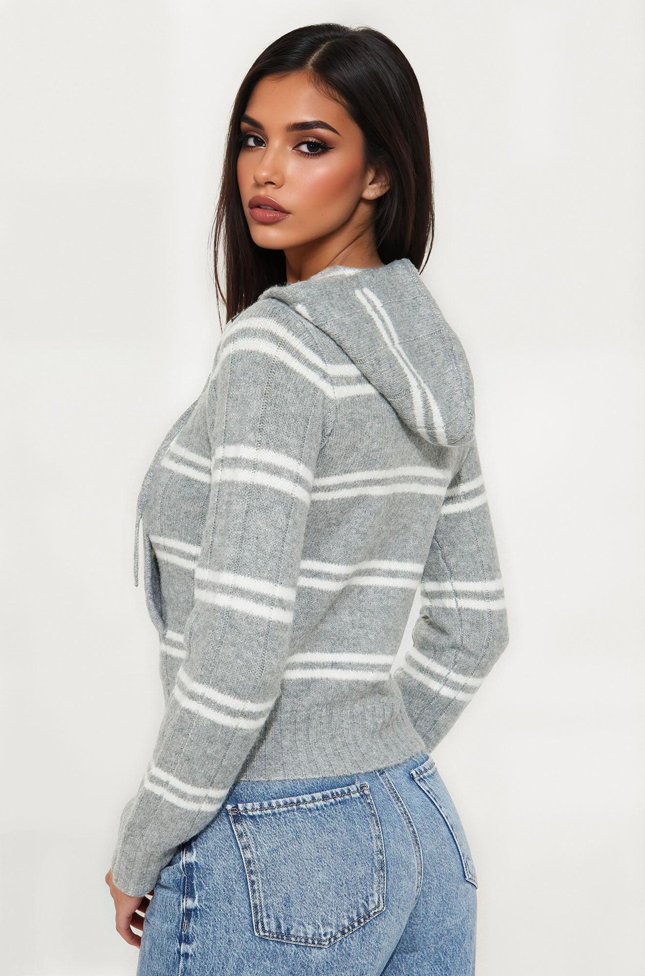Striped Life Zip Front Hoodie - Heather Grey Product Image