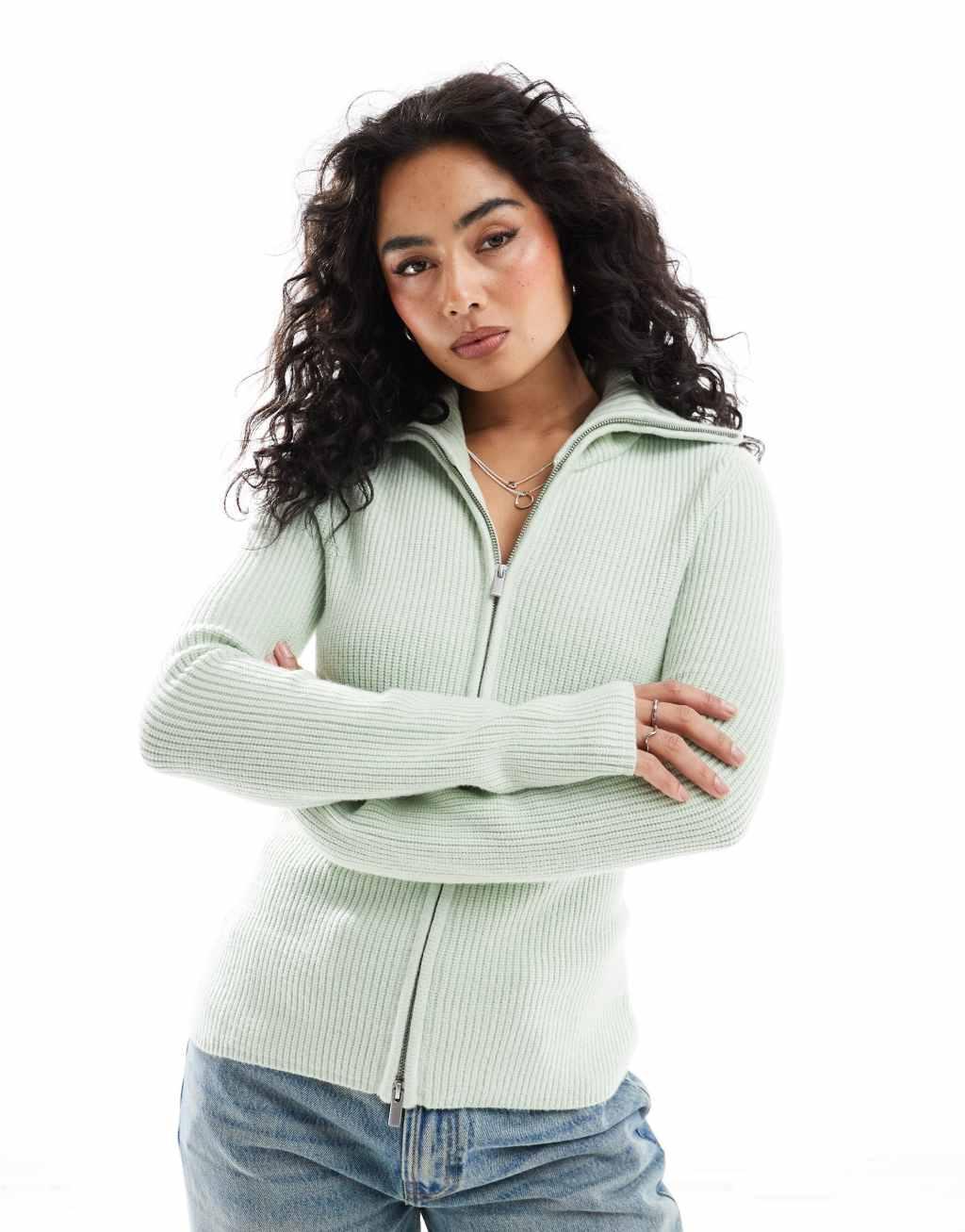 ASOS DESIGN knit zip up collar cardigan in green Product Image